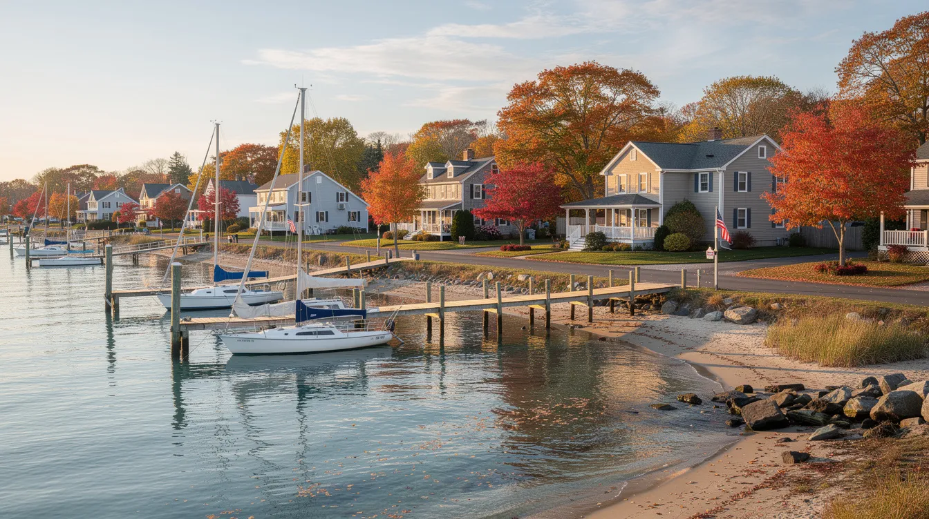 A picturesque shoreline town in Connecticut features a small marina filled with sailboats, a sandy beach in the background, and vibrant trees lining a tranquil residential street, creating a serene atmosphere for both residents and visitors. This scene embodies the charm of coastal life in Connecticut, perfect for those considering relocation for work or enjoying leisure time by the water.