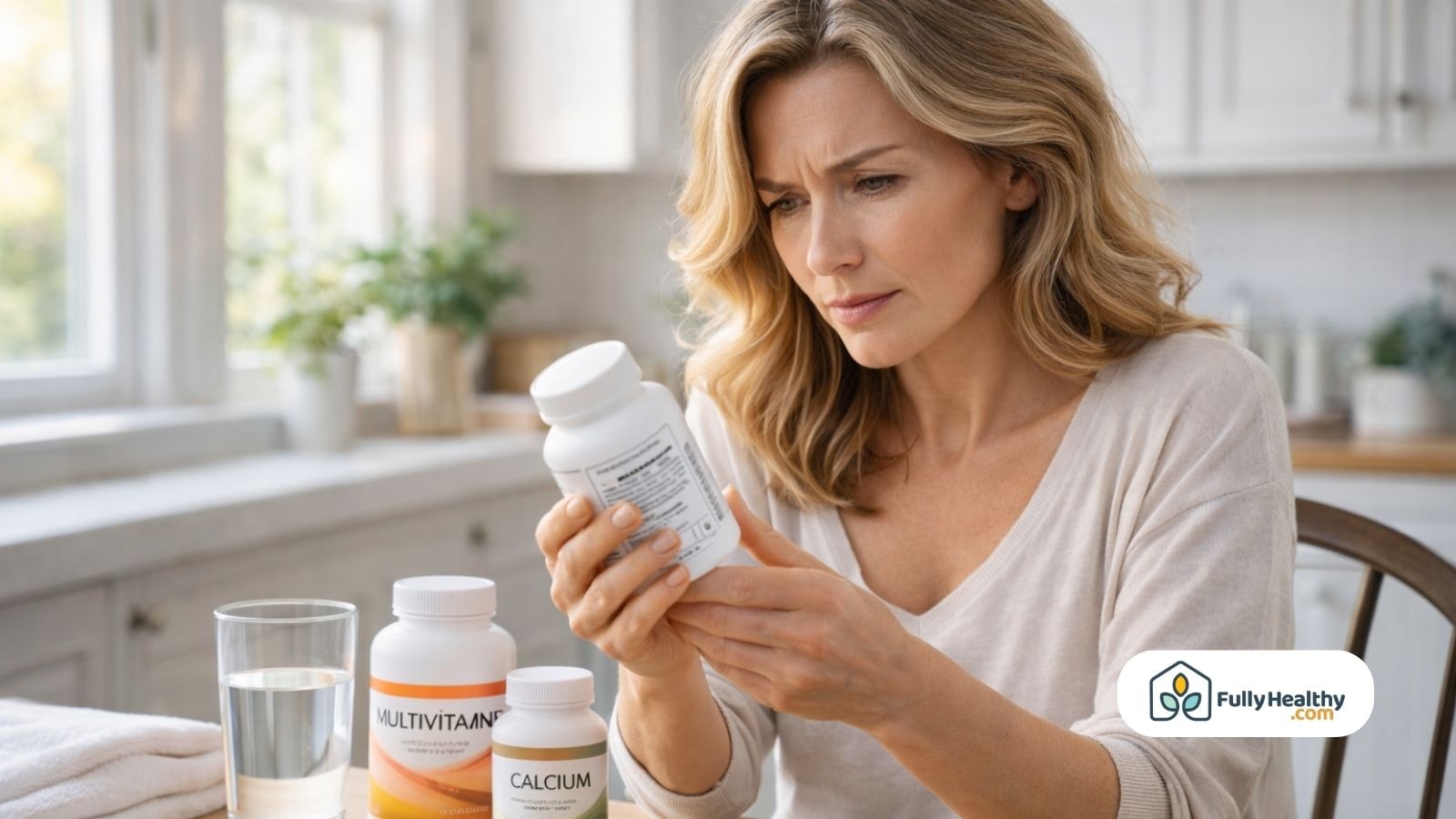 Woman reading multivitamin label with concerned expression at kitchen table