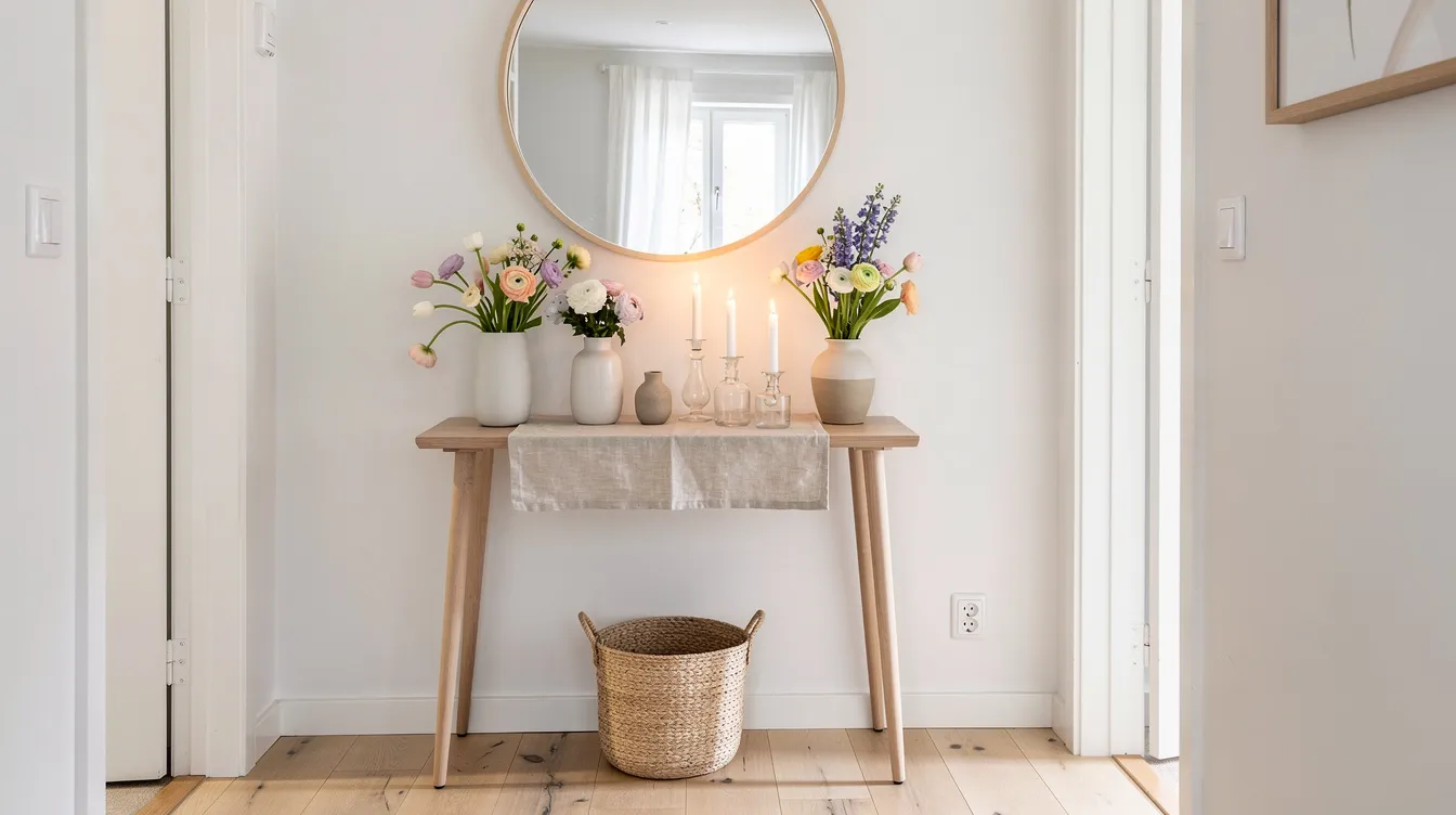 En skandinavisk hall med ett smalt konsolbord dekorerat för våren, där färgglada vårblommor och levande ljus skapar en inbjudande atmosfär. Bordet erbjuder en praktisk plats för förvaring av småsaker och ger en stilren känsla till rummet.