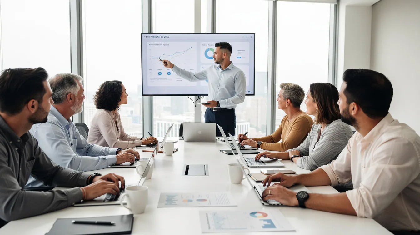 A collaborative team is gathered around a conference table, engaged in discussions while using laptops to align their marketing strategies and efforts. This scene highlights the importance of strategic leadership in achieving business objectives and driving growth through effective marketing initiatives.