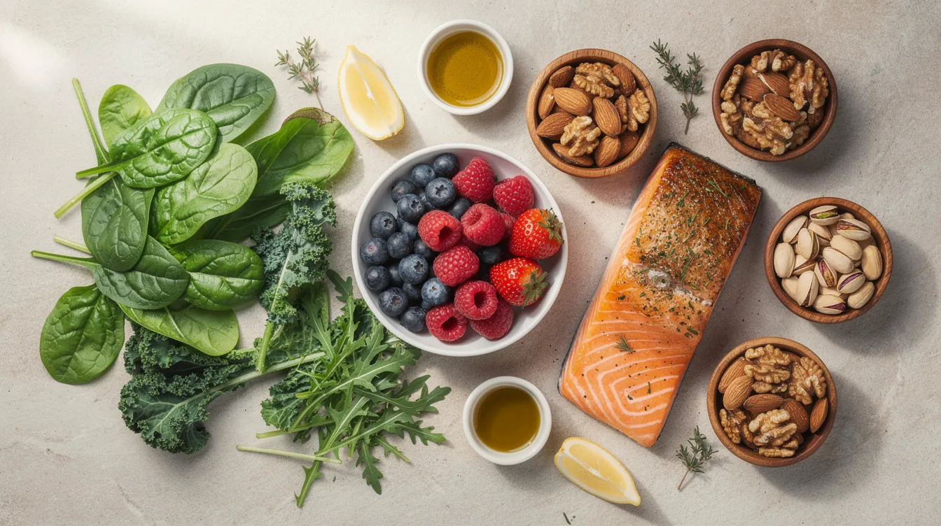 The image showcases a vibrant selection of anti-inflammatory foods, including leafy greens, assorted berries, fresh salmon, and a variety of nuts, all known for their potential benefits in reducing chronic inflammation and supporting joint health in conditions like rheumatoid arthritis. These foods may play a role in pain relief and enhancing overall wellness, complementing treatments such as turmeric and boswellia supplements.