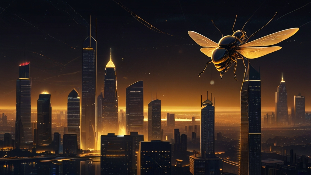 Golden bee navigates black and gold futuristic city, symbolizing Web3 exploration.
