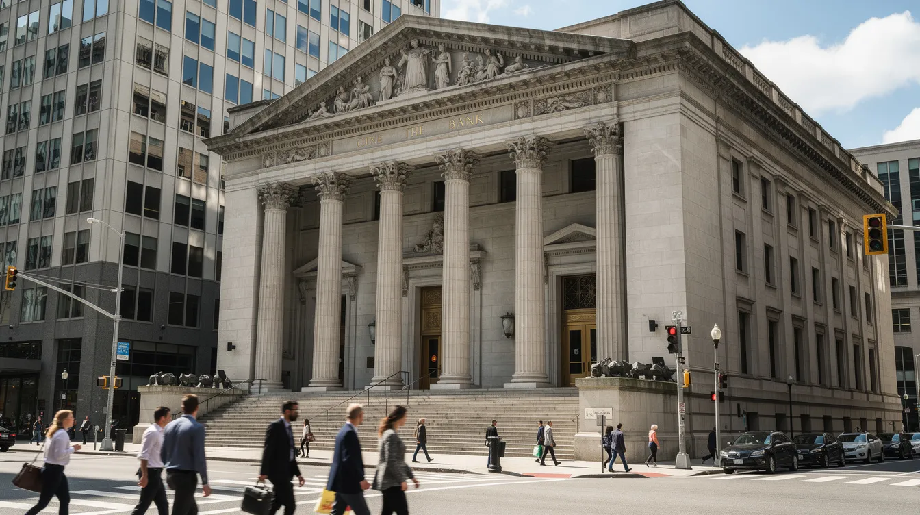 The image depicts a grand neoclassical bank building, showcasing its impressive architecture amidst a busy city street filled with pedestrians. This commercial bank, part of the world's largest banks, offers a range of financial services including savings and checking accounts, attracting customers from all walks of life.