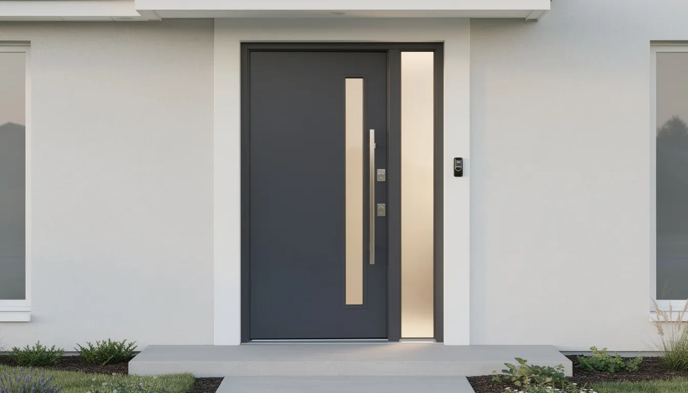 The image depicts a beautiful, energy-efficient front door featuring modern hardware and stylish glass panels, symbolizing a smart investment for your home. Upgrading your door can help you control your monthly budget and prevent losing money in the long run, enhancing both your financial situation and the future of your home.