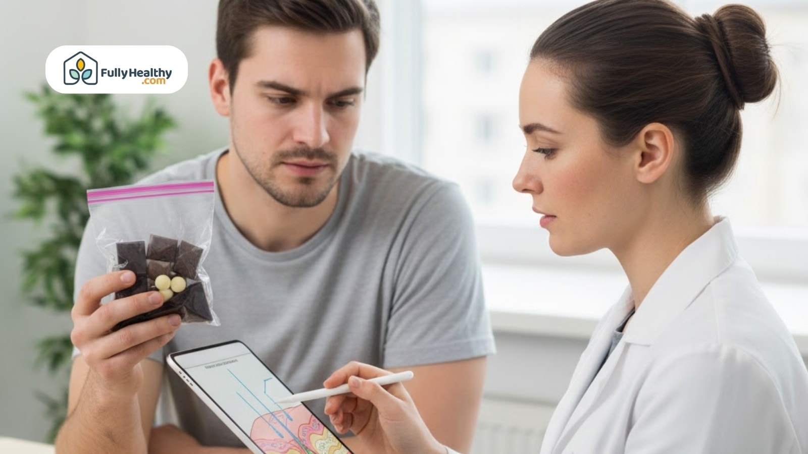 Doctor explains brain diagram as man holds bag of chocolate squares and chips