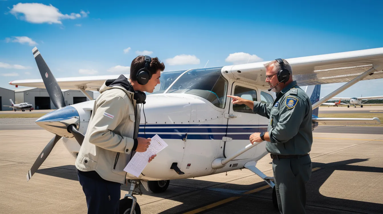 A student pilot and a flight instructor are inspecting a small single-engine aircraft on a sunny airport ramp, highlighting their dedication to flight training as they prepare for their journey to become certified pilots. The scene captures the essence of pilot training, showcasing the hands-on experience essential for future airline careers.