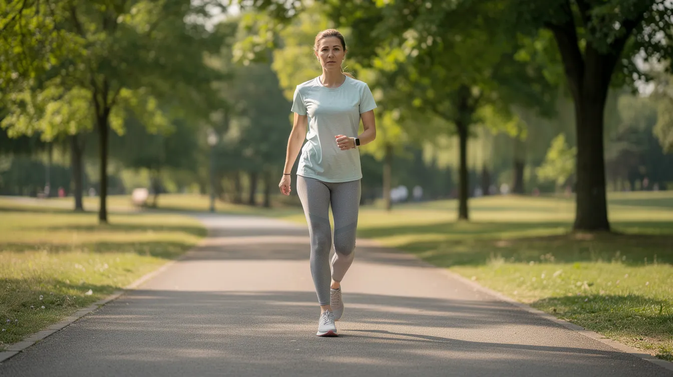 A woman is outdoors engaging in light walking as part of her recovery process following a Brazilian butt lift surgery. She is dressed in loose-fitting clothing and appears focused on her exercise, which is essential for improving blood circulation and managing discomfort during the BBL recovery time.