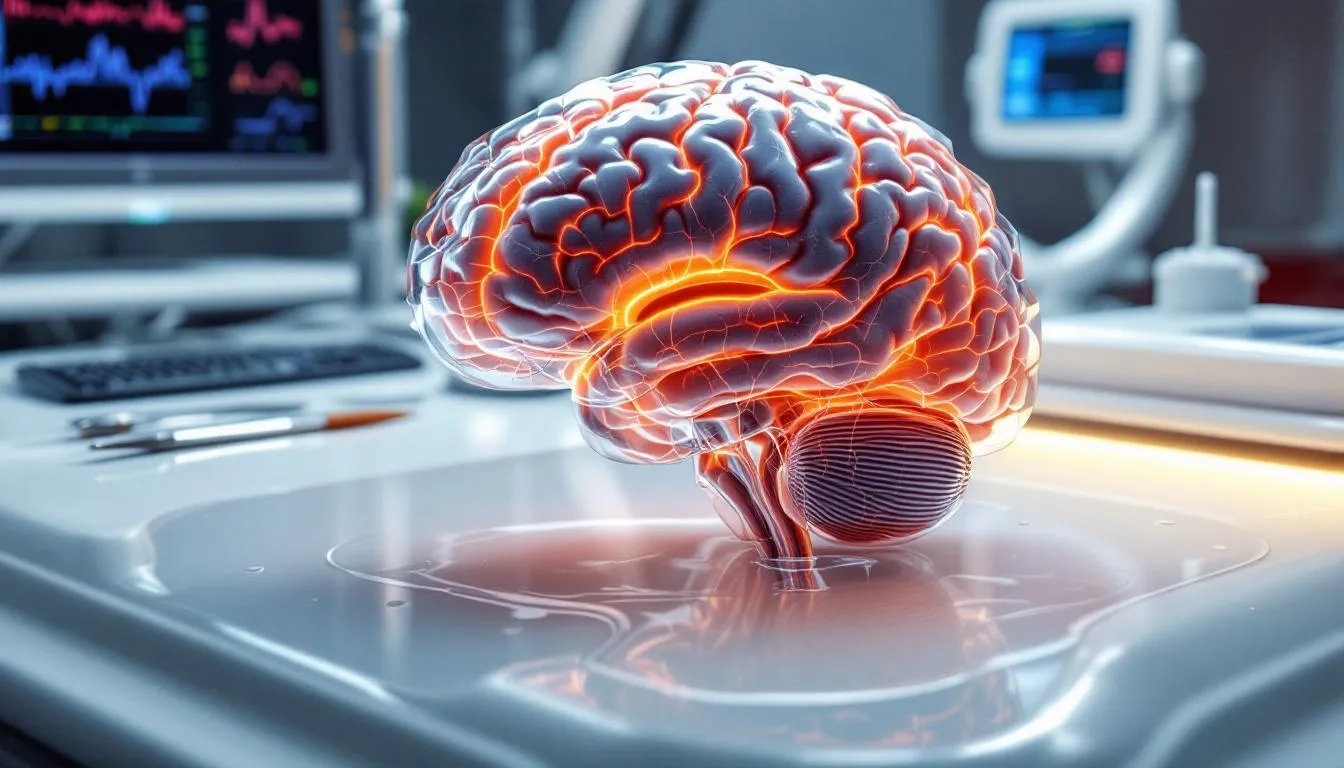 The image depicts a human brain, highlighting its complex structure and functions related to serotonin production and mental health. This illustrates the brain's role in regulating mood, sleep quality, and the potential impact of amino acids like tryptophan on conditions such as sleep disorders and fibromyalgia symptoms.