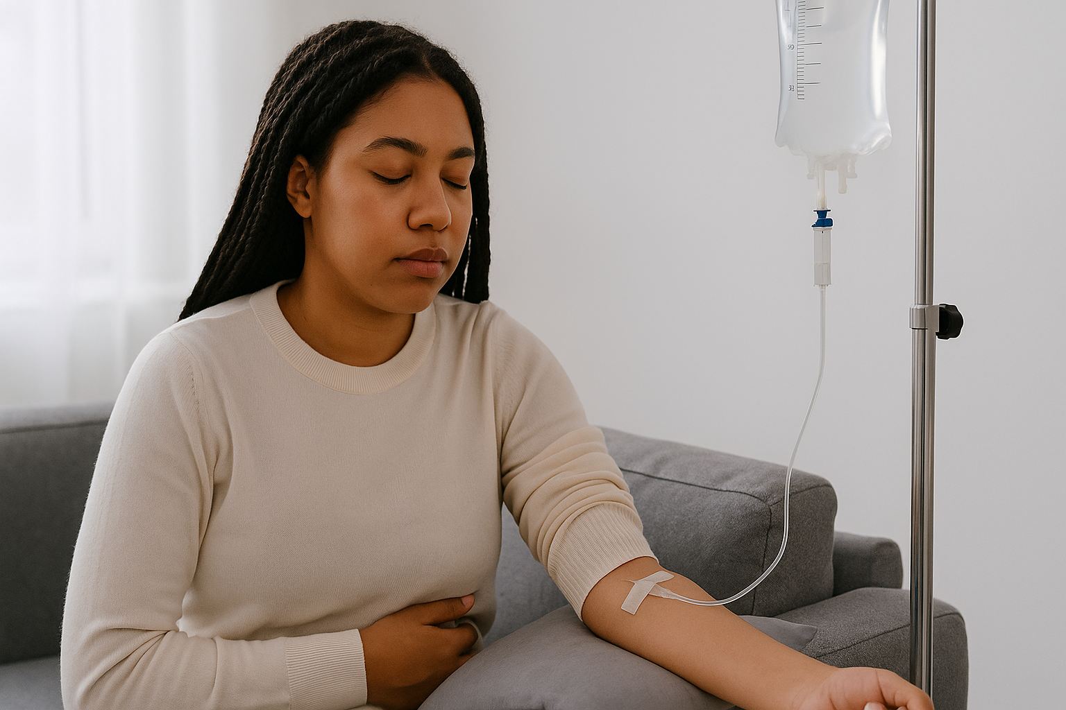 Kvinne sitter i sofa og får intravenøs behandling, med rolig uttrykk.