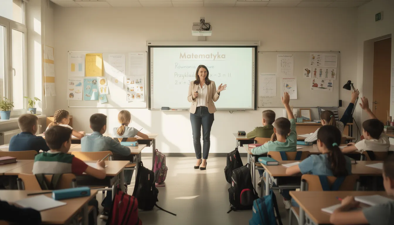 Na obrazie widać nauczyciela stojącego przy tablicy w klasie, otoczonego uczniami, kt&oacute;rzy uważnie słuchają. Scena ilustruje prowadzenie zajęć lekcyjnych, kt&oacute;re są częścią praktyk przygotowania pedagogicznego.