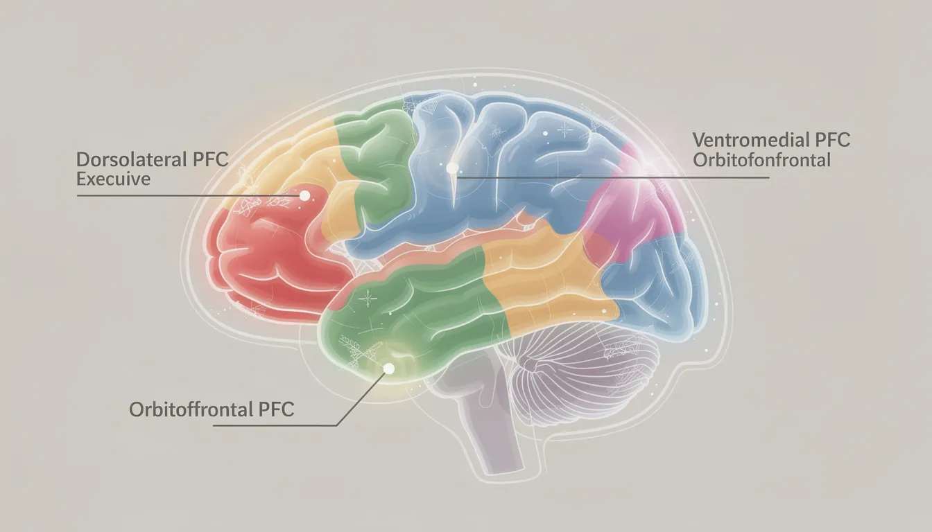 The image depicts a detailed illustration of a brain, specifically highlighting the prefrontal cortex regions that are crucial for executive functions, such as emotional regulation and impulse control. This visual representation emphasizes the areas affected by executive dysfunction, which is often experienced by adults with ADHD, impacting their ability to manage tasks and emotions effectively.