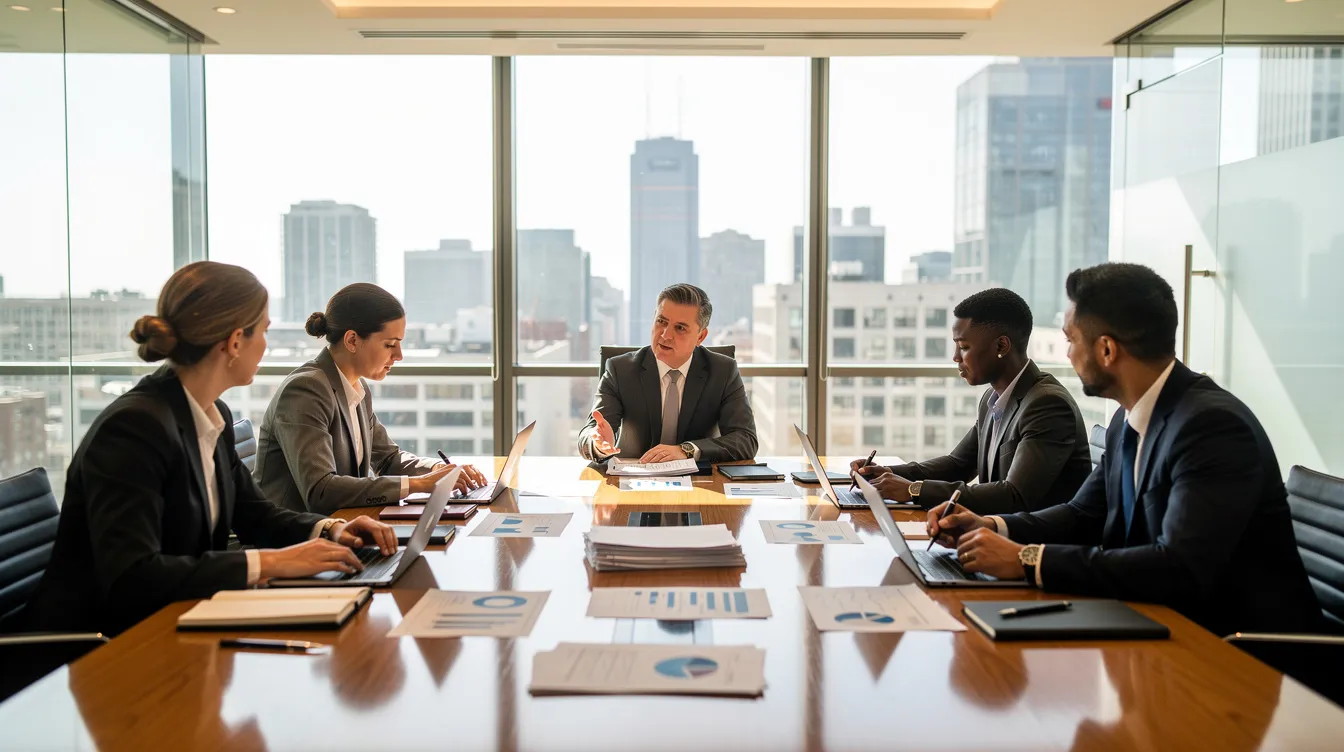 The image depicts a professional meeting in a modern office, featuring a conference table cluttered with laptops and legal documents related to venture capital financing. Participants engage in discussions about venture capital investments and the legal aspects of emerging growth companies.
