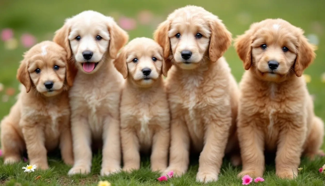 In this image, a variety of goldendoodle puppies are displayed, showcasing the size variations from mini to standard. Each puppy exhibits their unique personalities, with some being playful and others appearing calm, highlighting the joy and companionship they bring to families.