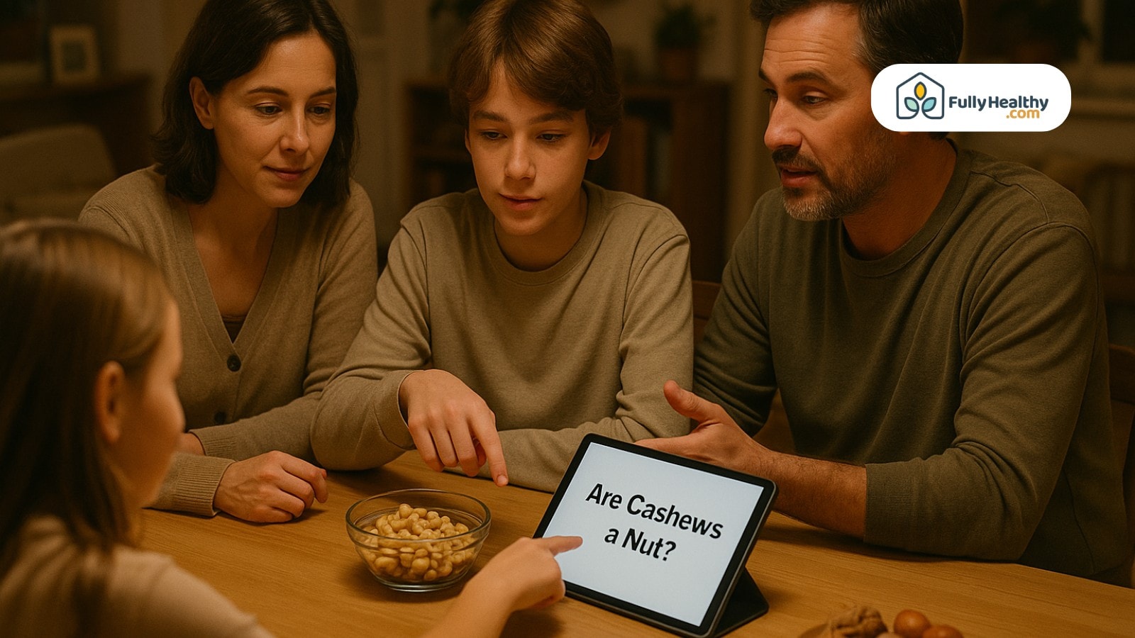 A family discusses cashews around a table while looking at a digital tablet