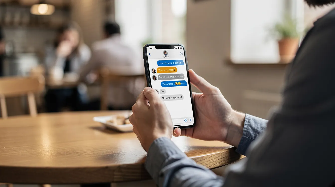 A person is sitting at a café table, holding a smartphone that displays a chat conversation interface with message bubbles. This scene reflects the integration of artificial intelligence in everyday life, showcasing how AI chatbots enhance communication and streamline customer inquiries.