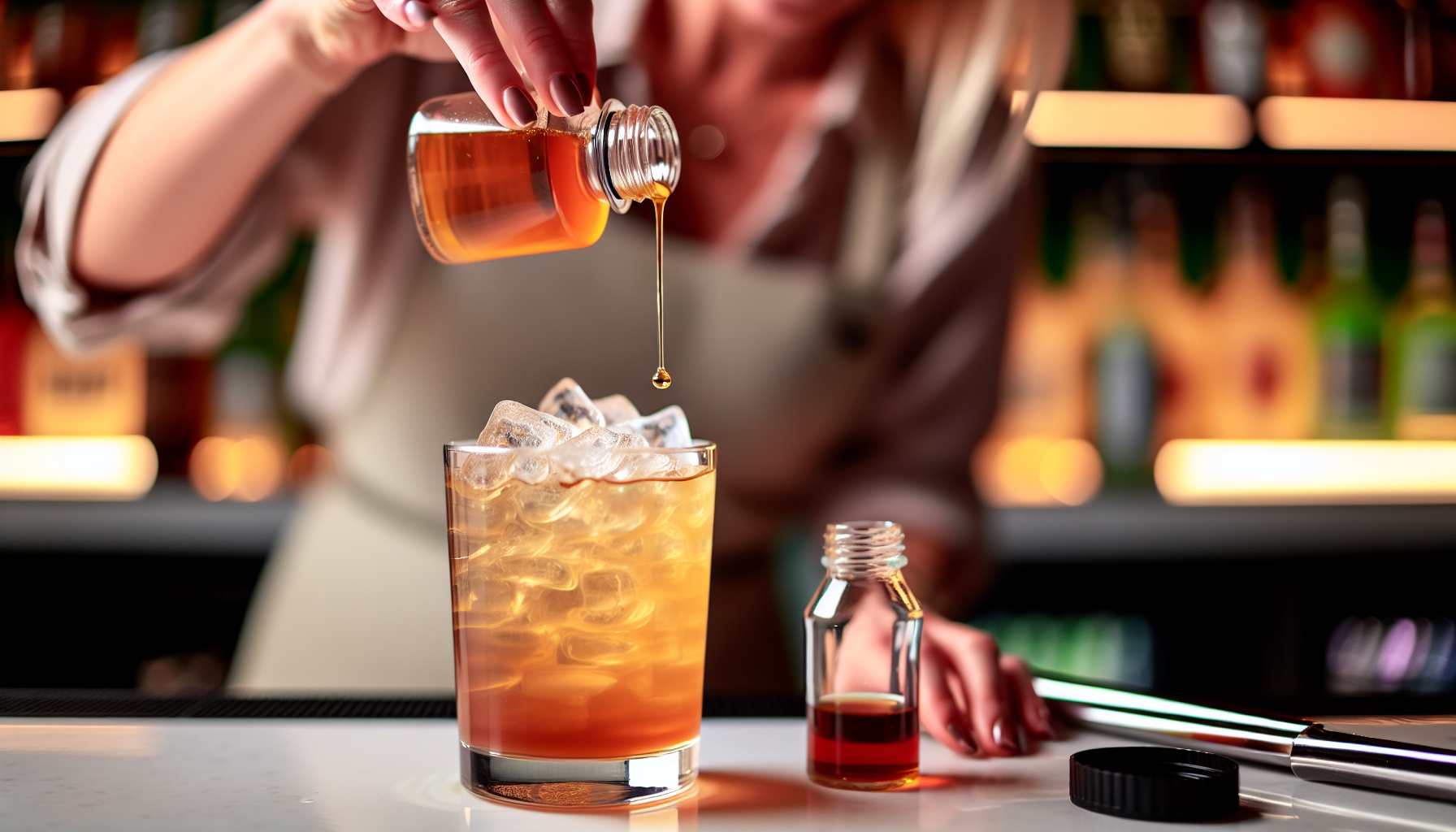 Mixing honey syrup into a refreshing iced tea cocktail