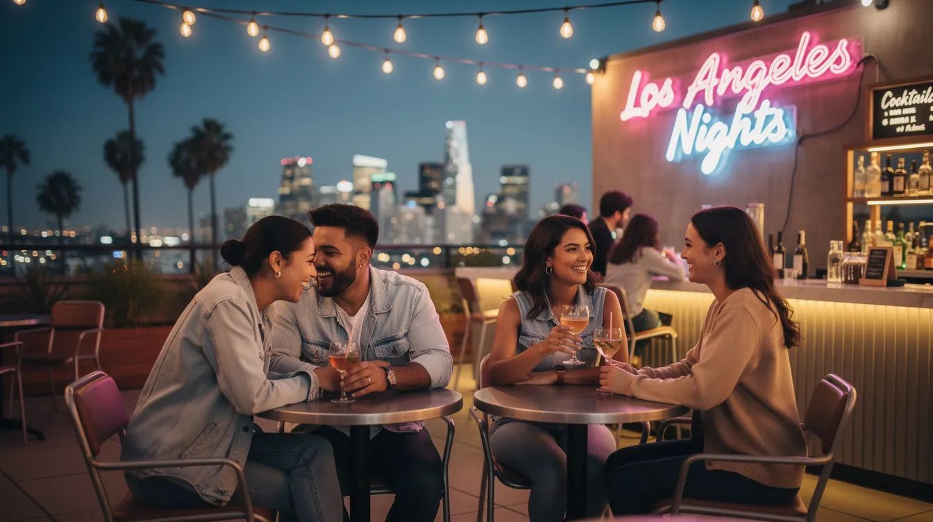 The image depicts a vibrant speed dating event in Los Angeles, where singles of various age groups gather in a relaxed environment, excited to meet new people and potentially find love. Set against the backdrop of a lively venue, participants engage in conversation, sharing interests and discussing favorite films, all while enjoying the social activities that the city's dating scene has to offer.