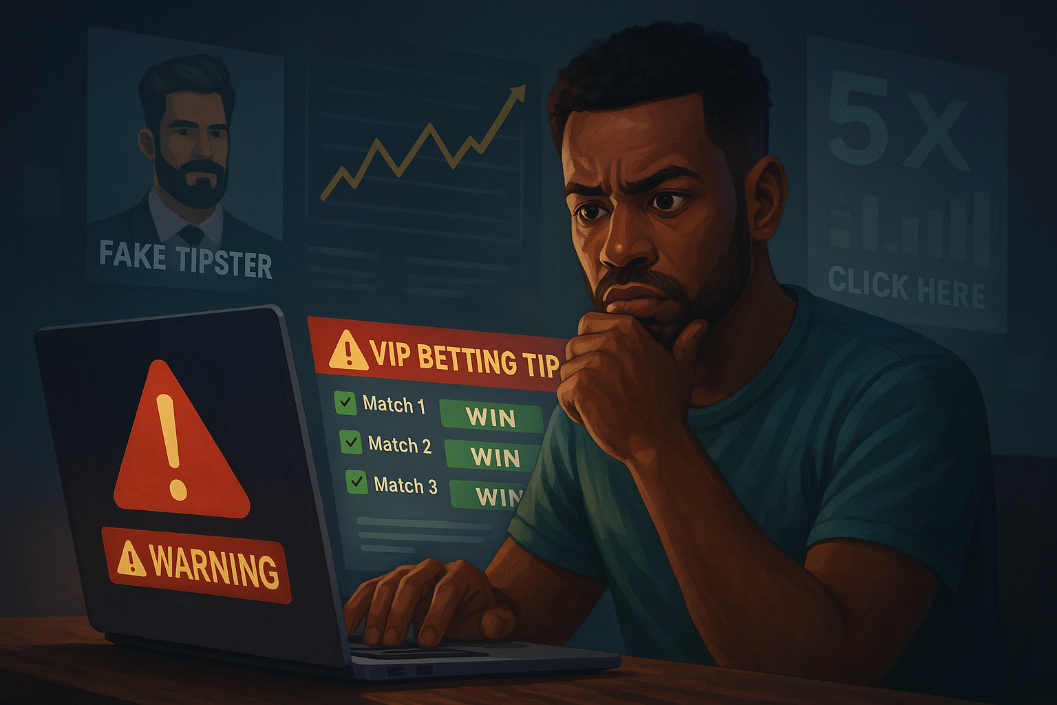 A semi-realistic digital illustration showcases an abstract cover image for online scam prevention using betting platforms, with layered graphics, digital red flags, and blurred UI elements in a 16:9 layout—perfect for representing InsightsBet-related content visually.