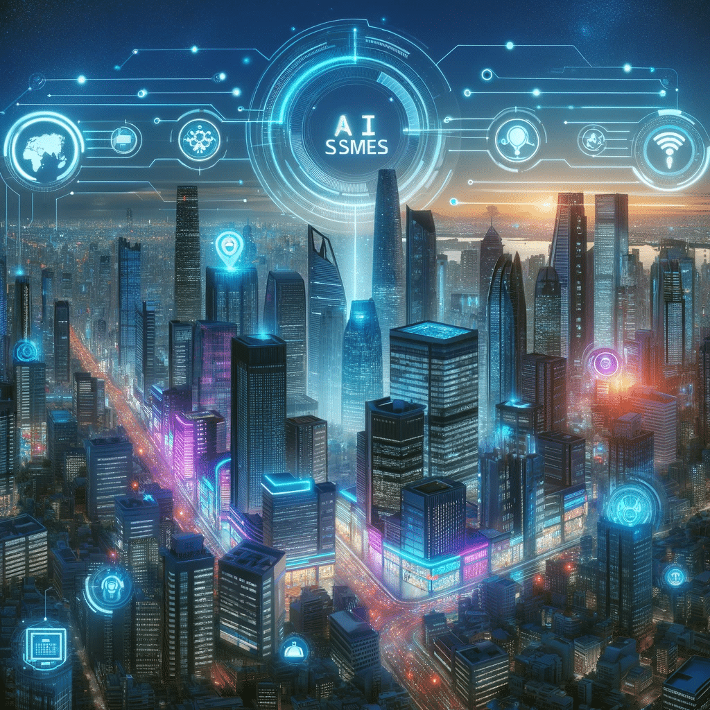 Ciudad futurista muestra PYMEs prosperando con IA. Incorporar la ia información uso lenguaje natural terreno redes sociales derechos datos solución | Posiciona.Digital