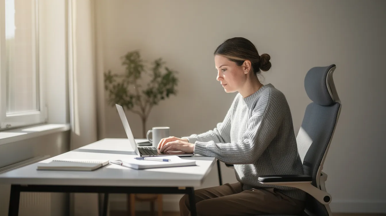 A focused person is sitting at a home office desk, working on a laptop bathed in natural light, embodying productivity and calm feelings. Surrounding them is a sense of well-being, possibly enhanced by auri mushroom gummies known for their cognitive function and energy boost benefits.
