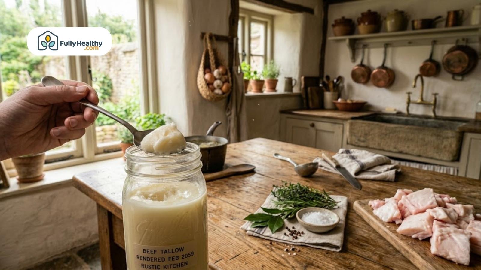 Spoon scooping beef tallow from jar in rustic kitchen setting