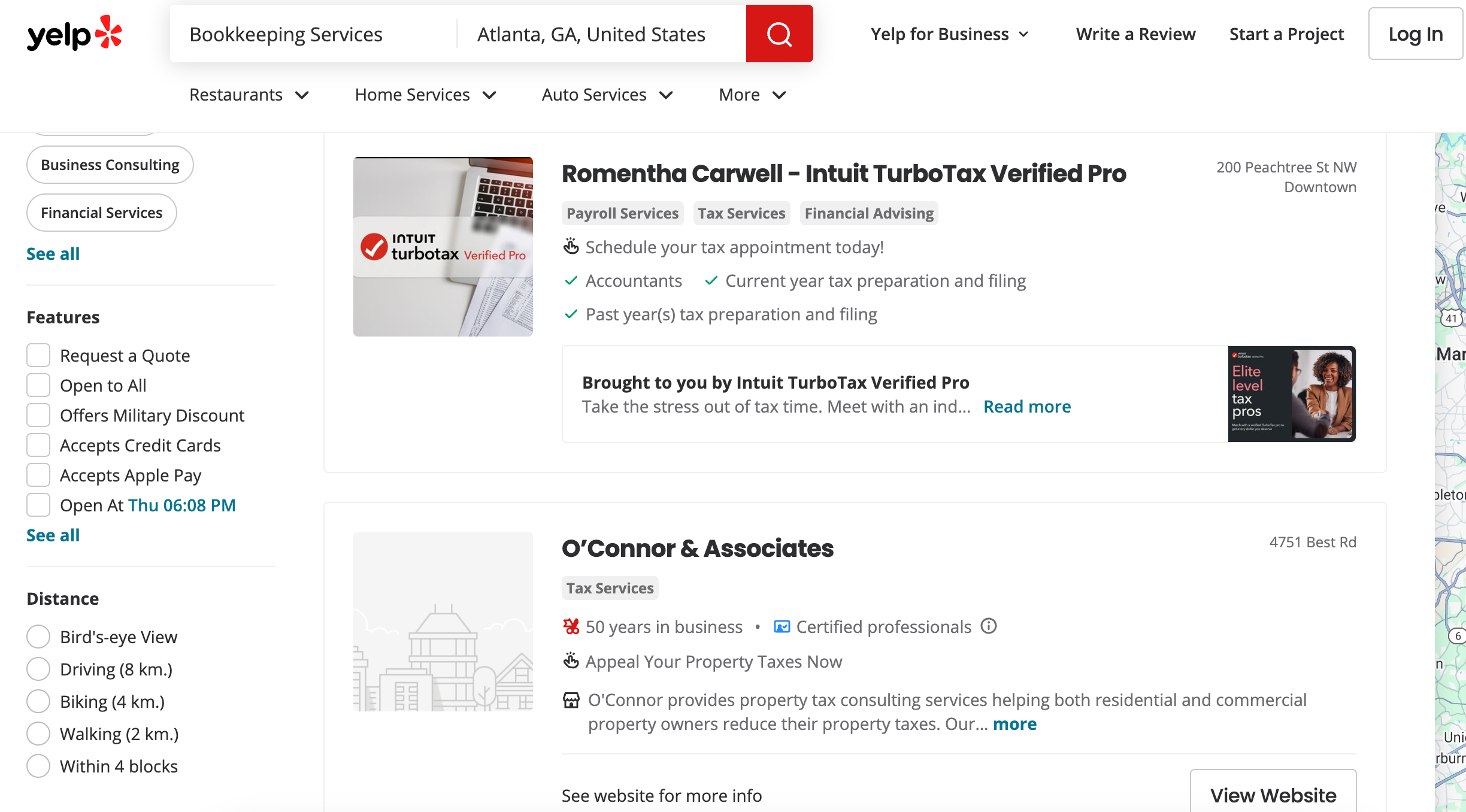 Yelp's search results for bookkeeping services.