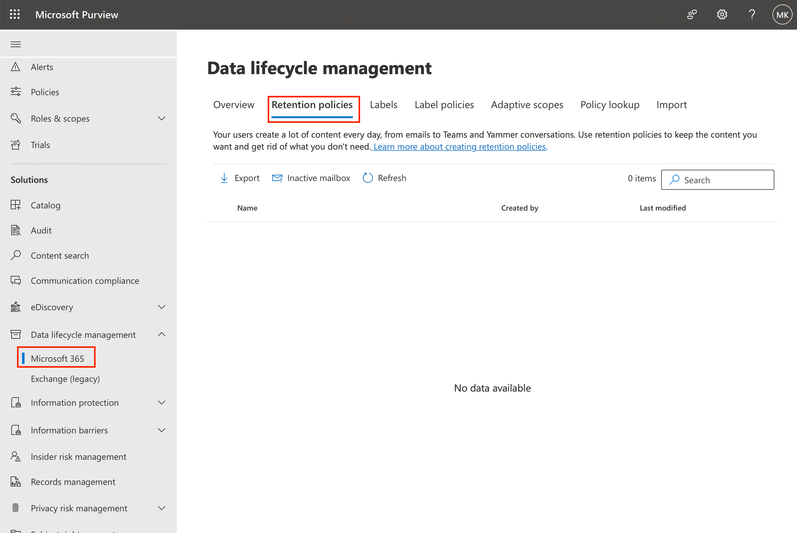 Adding retention policies in the Sharepoint admin center