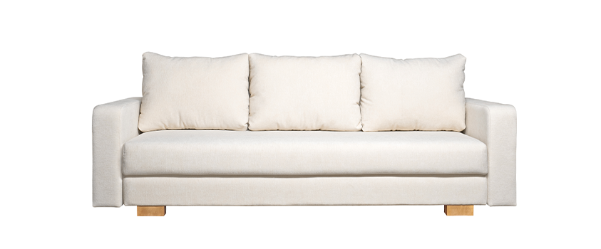 A standard 3 seater sofa in white with wood feet.