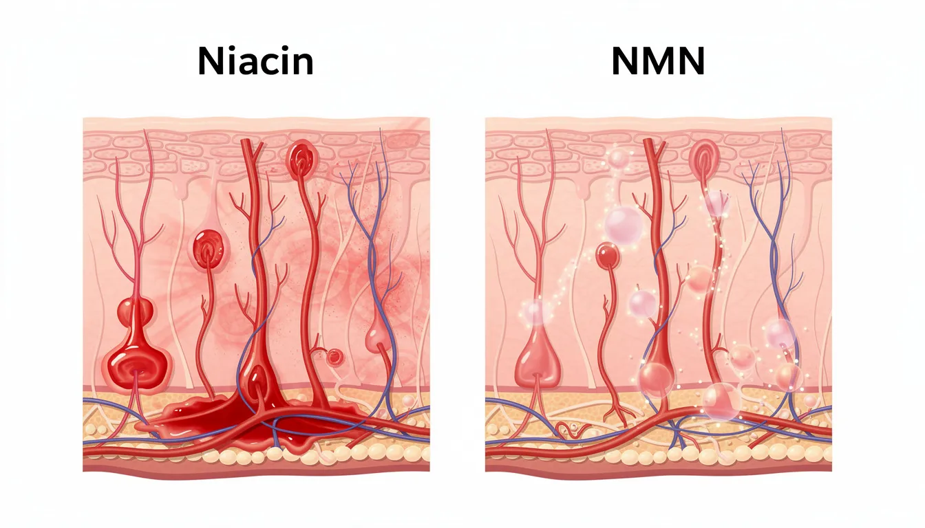 The image features a two-panel comparison of skin blood vessels: the left panel, labeled &ldquo;Niacin,&rdquo; displays dilated vessels and redness indicative of skin flushing, a common side effect associated with nicotinic acid. In contrast, the right panel, labeled &ldquo;NMN,&rdquo; shows normal vessel appearance, highlighting the non-flushing form of nicotinamide mononucleotide, which is linked to improved metabolic health and cellular energy without the flushing symptoms of niacin.