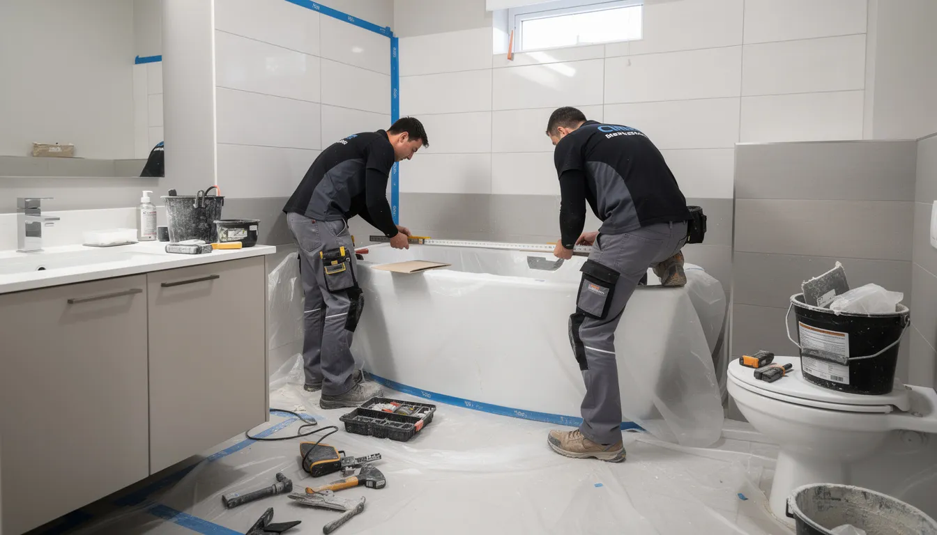 A professional installation team is working on a bathroom renovation, surrounded by protective plastic covering the floors and fixtures to keep the space clean during the remodel. The team is focused on installing new shower features and ensuring safety with grab bars, showcasing an efficient and easy installation process.