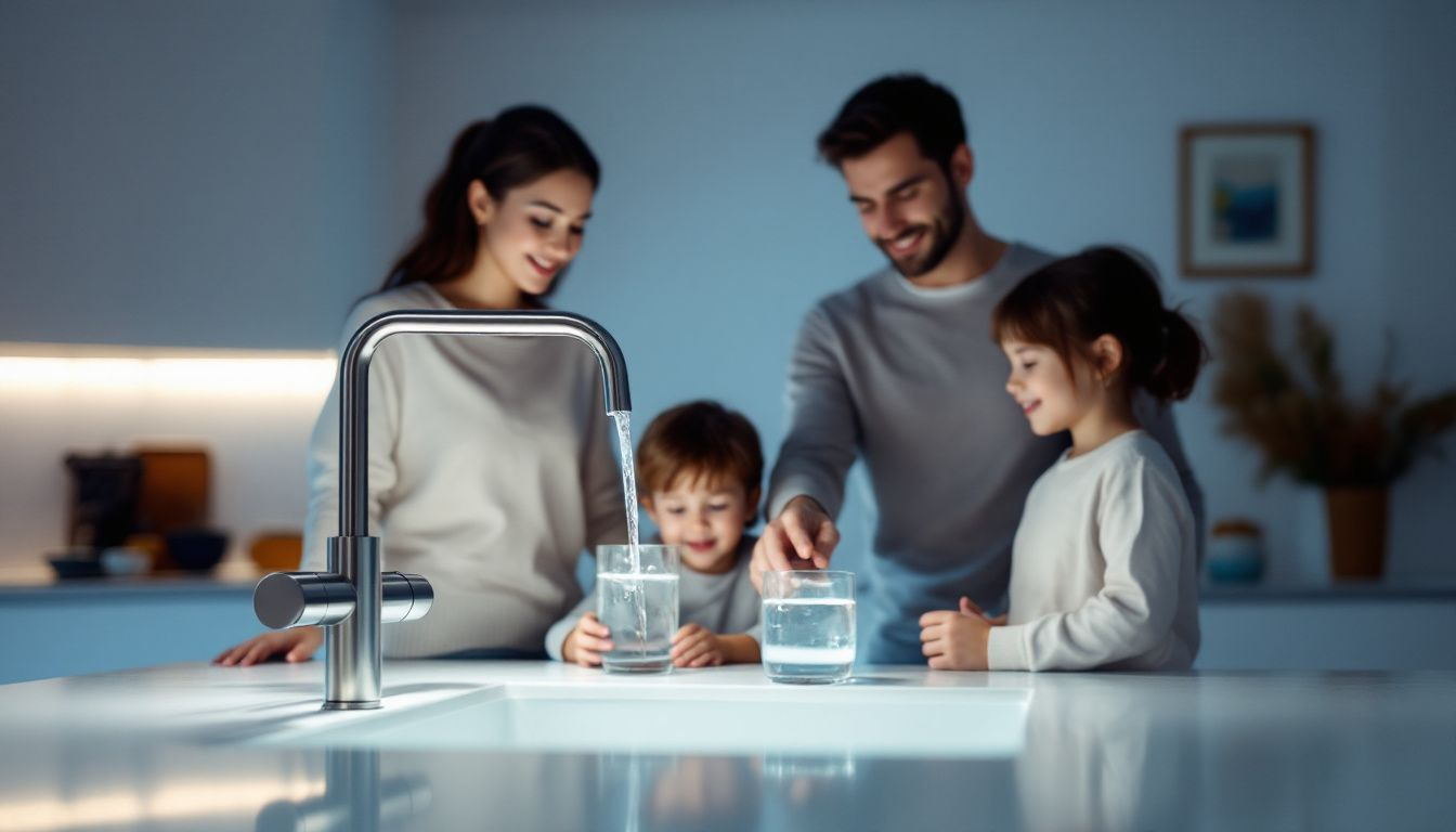 A family enjoying filtered water from a kitchen tap.