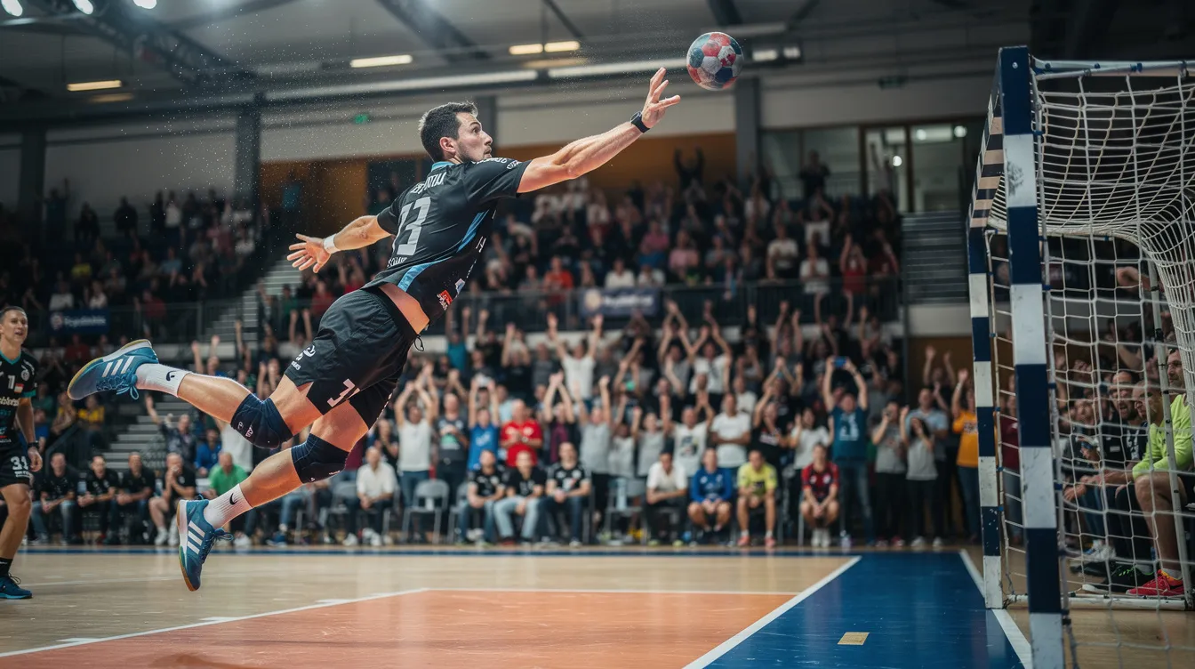Ein Handballspieler springt in die Luft, um während eines Spielzugs den Ball zu fangen und in Richtung Tor zu werfen. Im Hintergrund sind begeisterte Zuschauer in einer Halle zu sehen, die die aufregende Handball-Szene verfolgen.