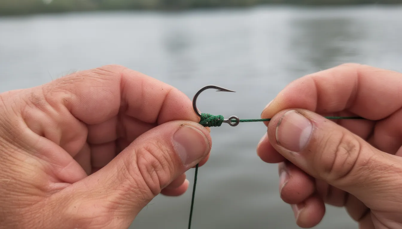 Na zdjęciu widoczne są ręce wędkarza, który starannie wiąże węzeł bezwęzłowy na haczyku karpiowym, używając plecionki przyponowej. Całość ilustruje metodę włosową, która jest popularna w łowieniu karpi w Polsce, zwłaszcza przy użyciu przynęt takich jak kulki.