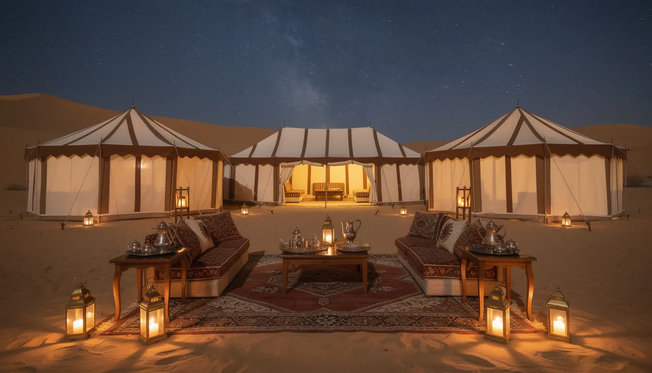 A luxurious desert camp featuring traditional tents is set against a stunning starry night sky in the Sahara Desert, offering an unforgettable experience for those on Morocco tours. Guests can enjoy the serene atmosphere while surrounded by breathtaking landscapes and the rich local culture of North Africa.