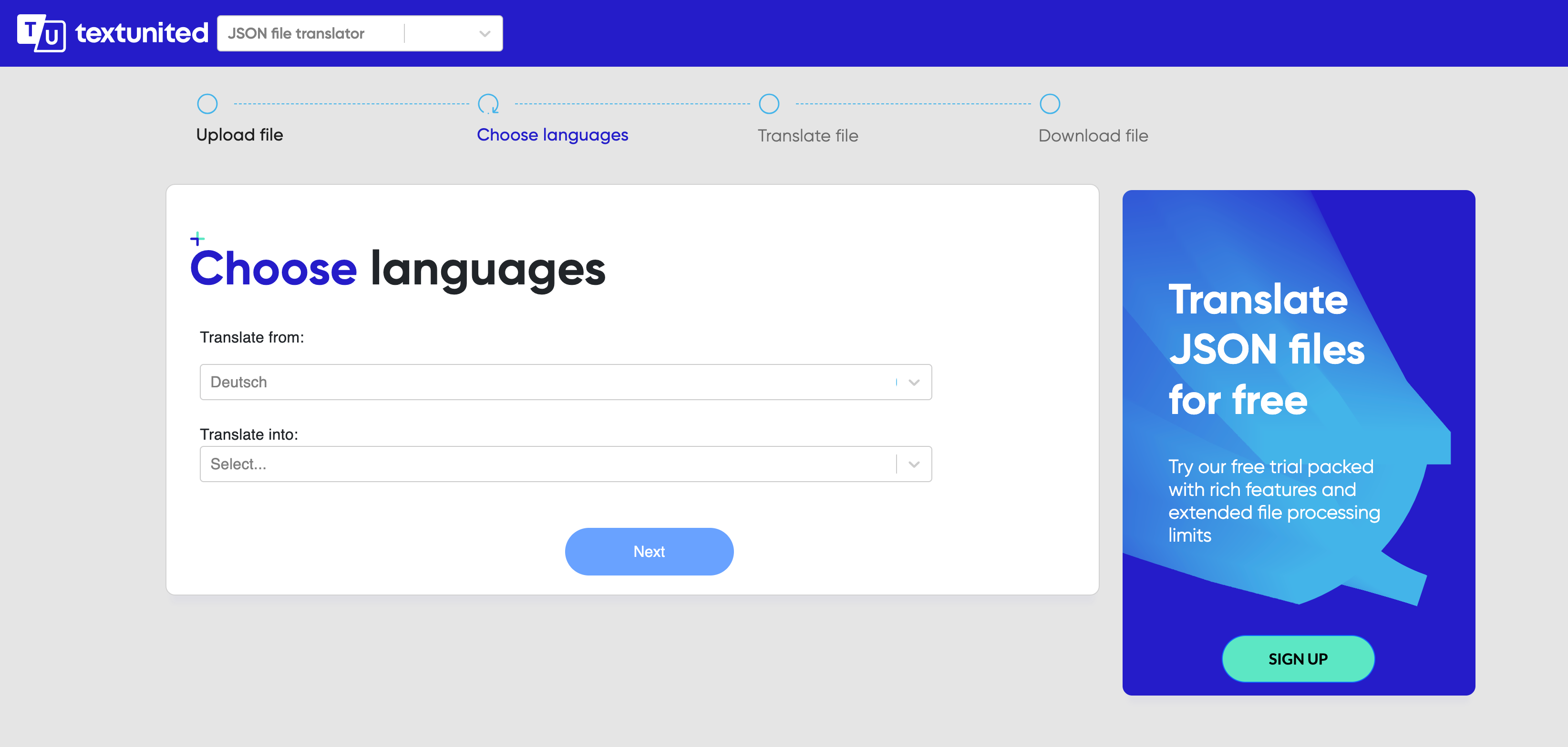 Screenshot showing the fields for selecting the source and target languages