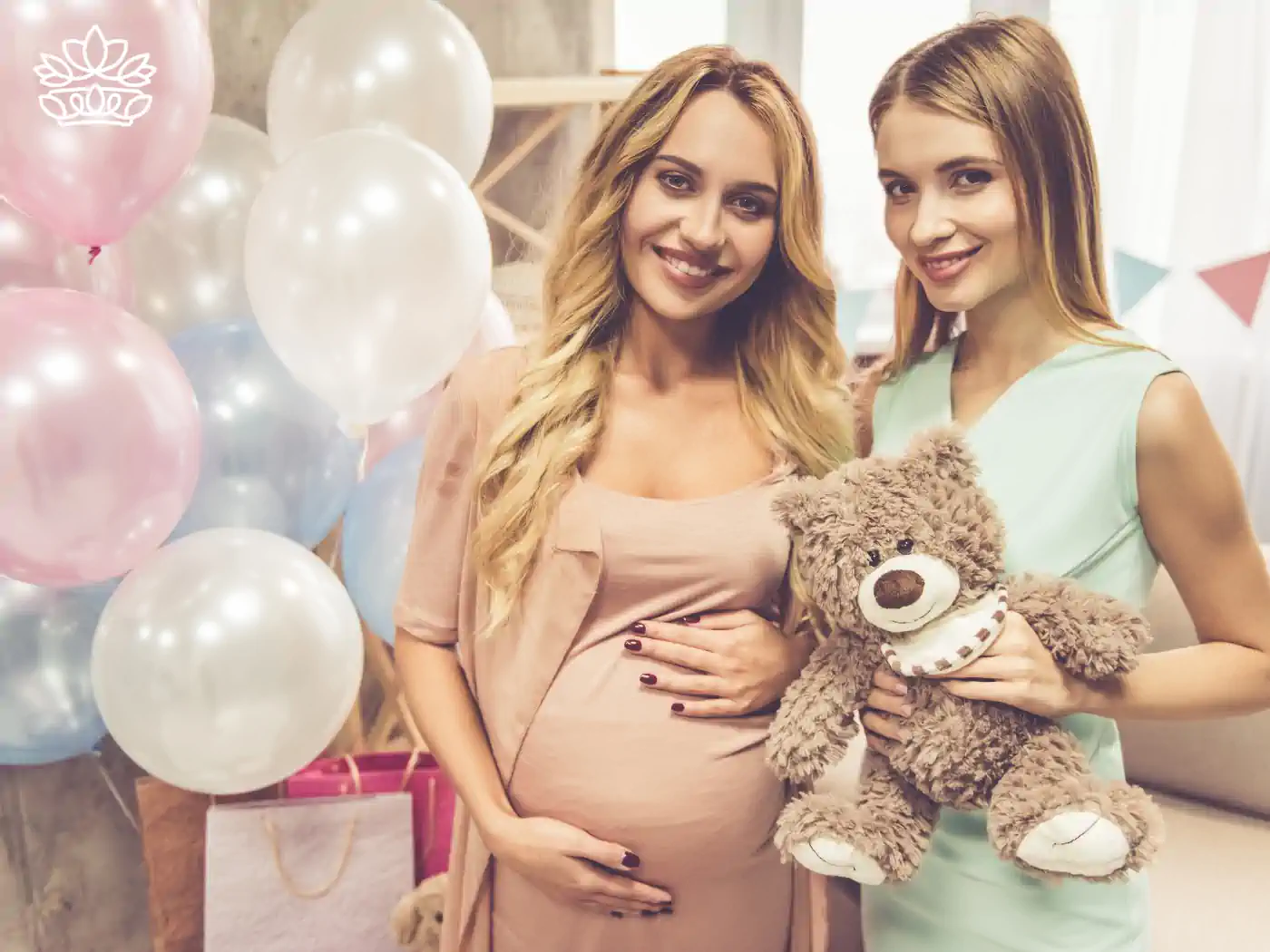 Pregnant Woman and Friend at Baby Shower with Balloons and Teddy Bear - Baby Shower Gift Boxes Collection with Style, Unique Gift Ideas, Prepared for Girl or Boy - Fabulous Flowers and Gifts.