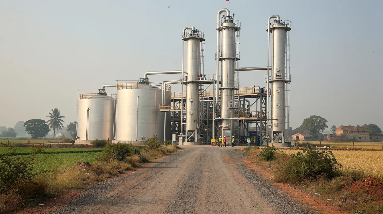 d8883076 b7d7 4d48 a648 e0d929ea5ed0 The image depicts the exterior of a grain-based ethanol distillery situated in a rural Indian landscape, featuring tall distillation columns and large cylindrical storage tanks that are essential for ethanol production. This facility highlights the infrastructure requirements for an ethanol manufacturing plant, emphasizing its role in the renewable energy sector.
