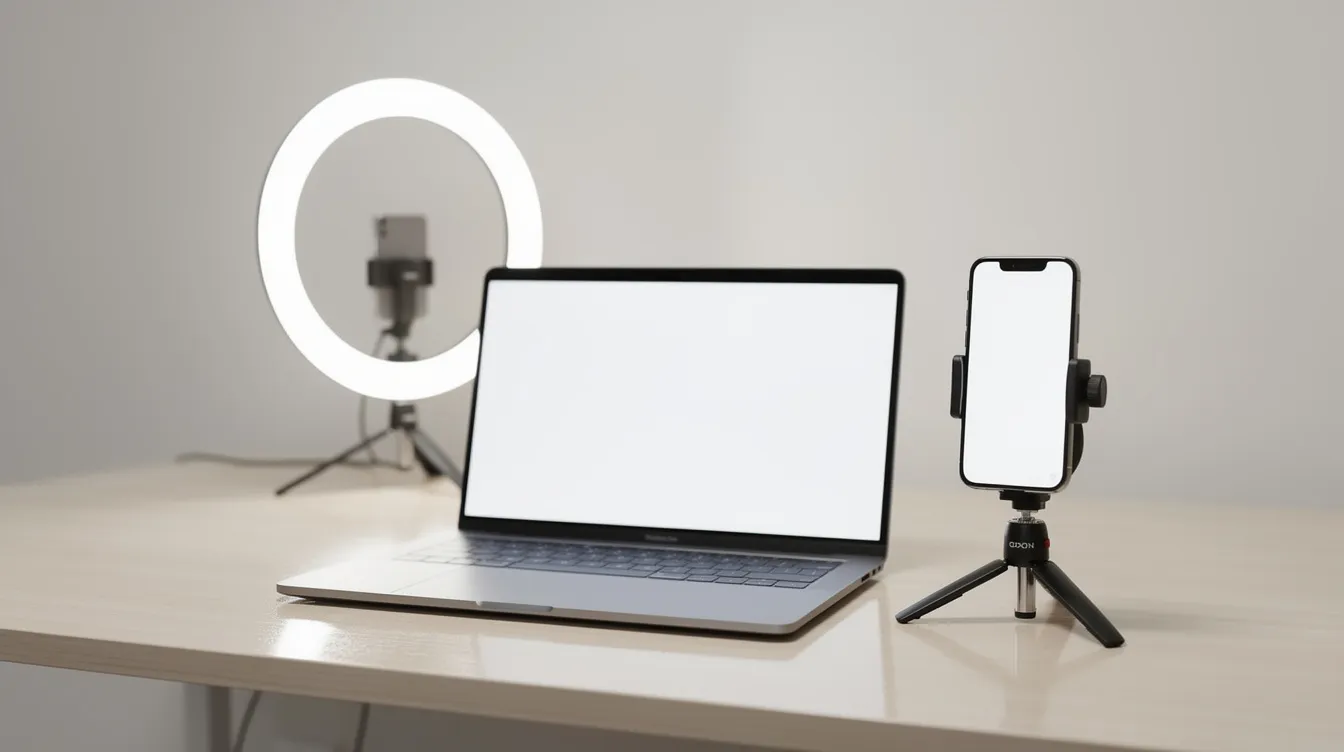 The image features a modern desk setup, showcasing a laptop, a ring light, and a smartphone mounted on a tripod, designed for content creation and recording. This arrangement highlights the essentials for effective social media content strategy, enabling users to engage their target audience across various social media platforms.