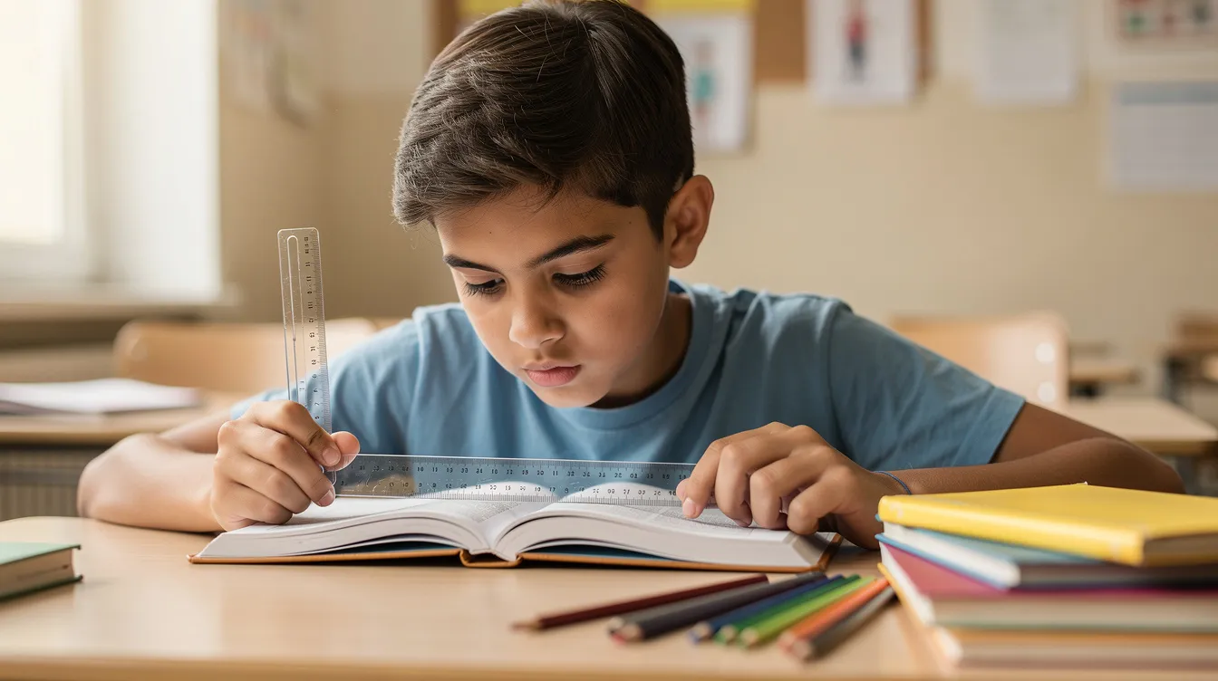 A young student is intently reading a textbook and using a ruler to track lines of text, demonstrating a careful approach to avoid careless mistakes in their homework. This focused effort reflects the importance of strategies to reduce errors and improve learning outcomes, especially for those with ADHD traits.