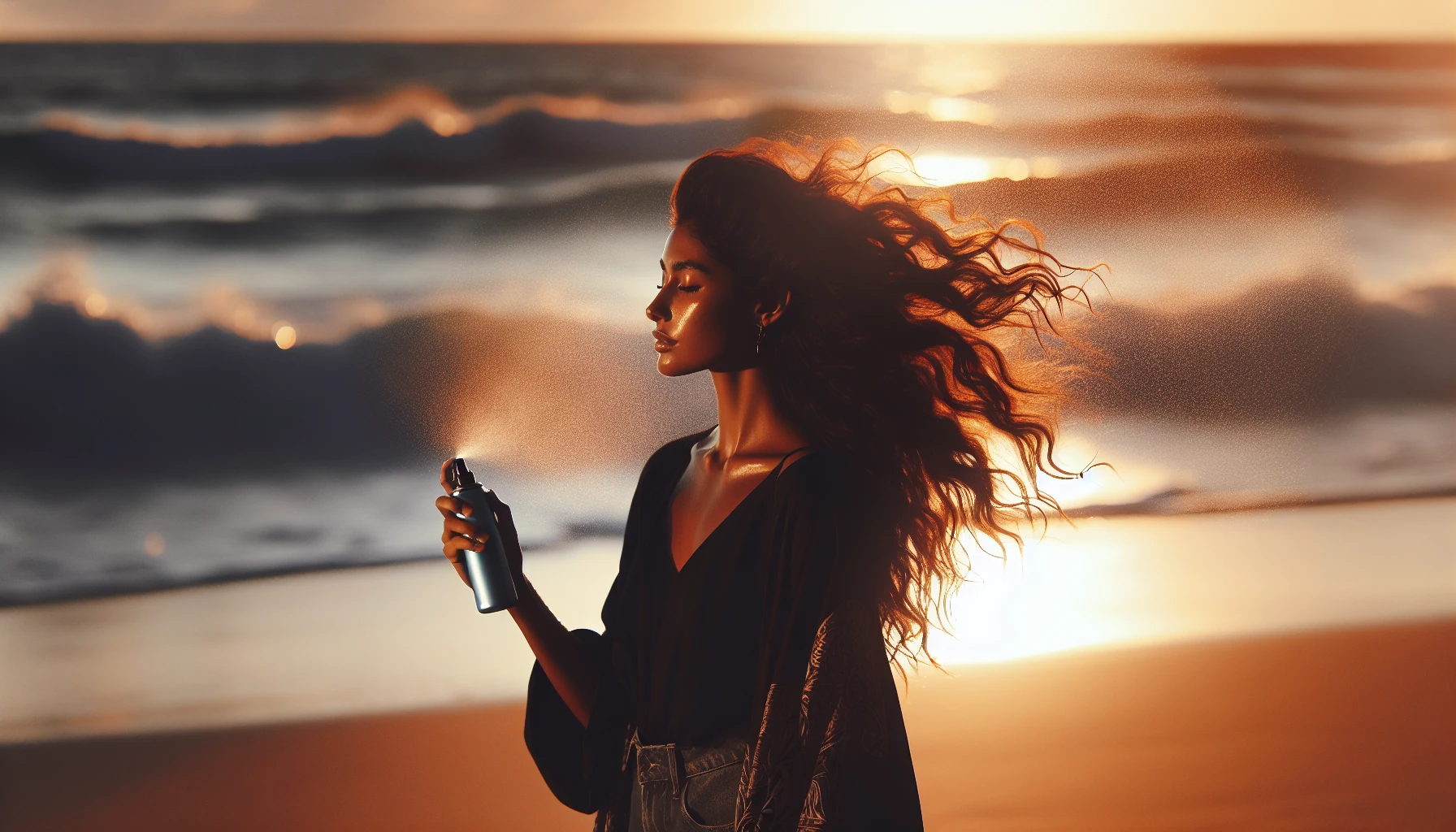A woman spraying beachy waves salt spray in her hair