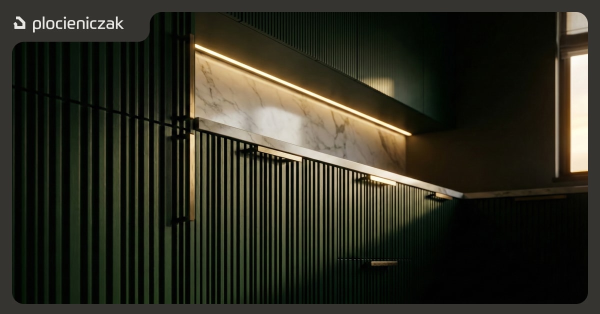 Ryflowane fronty kuchenne w kolorze butelkowej zieleni z efektowną grą światła i cienia podkreśloną przez oświetlenie podszafkowe LED