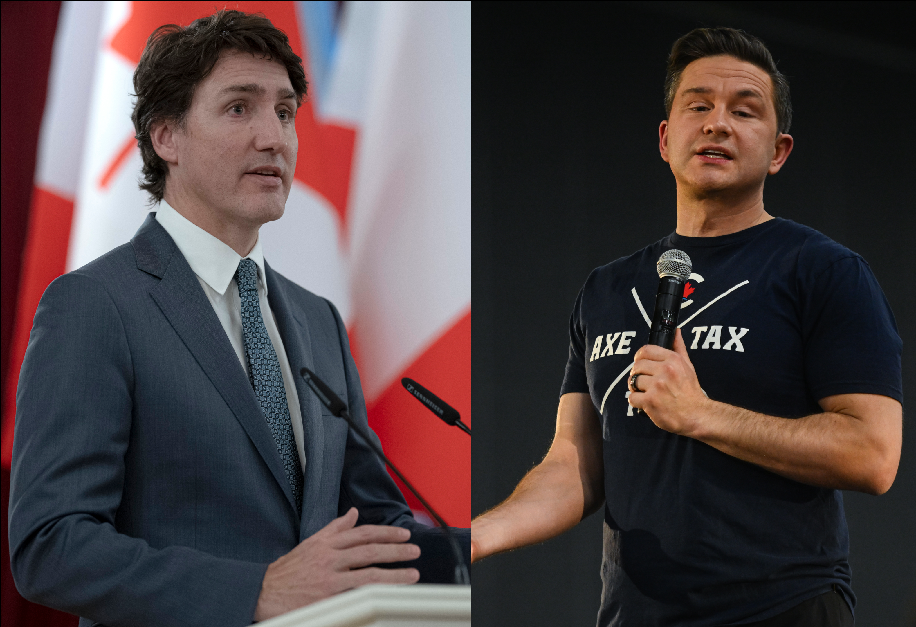 Justin Trudeau and Pierre Poilievre individually speaking at public events in 2024. 