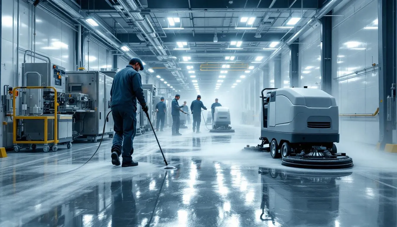Deep cleaning process in an industrial space emphasizing the importance of thorough cleaning.