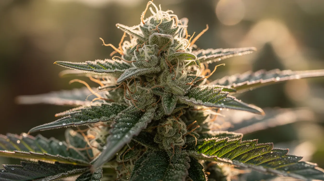 A close-up photograph showcases a vibrant cannabis plant, with its trichomes glistening in the natural sunlight, highlighting the intricate details of the cannabis flower. This image represents the beauty of cannabis plants, which are central to discussions around medical cannabis and the legal status of recreational cannabis in New Mexico.