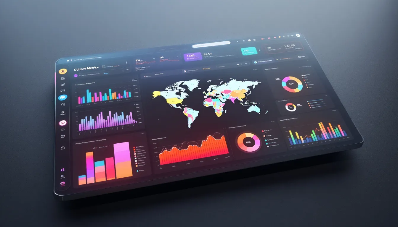 The image depicts a data visualization dashboard featuring various culture metrics and trends, highlighting key elements of organizational culture such as employee engagement and cultural transformation. This dashboard serves as a tool for business leaders to monitor culture change efforts and align them with the company's strategic goals for long-term success.