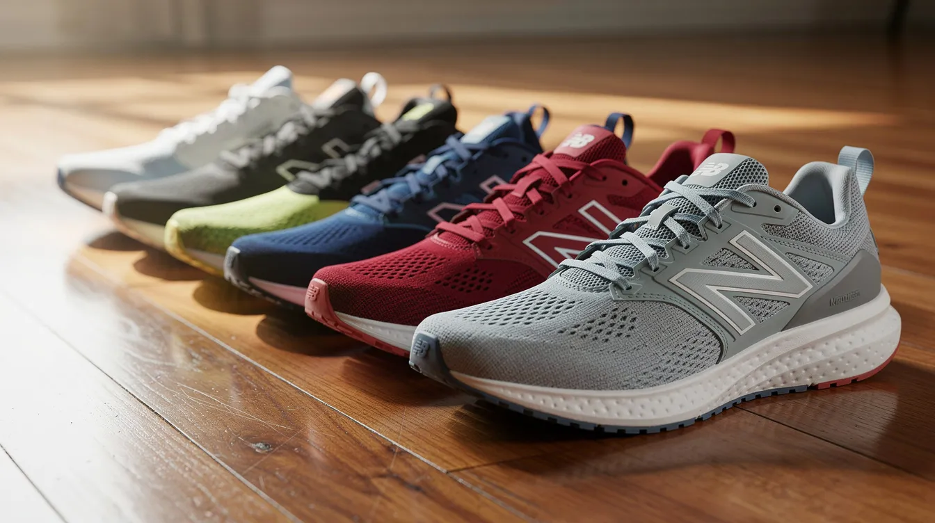 A row of various running shoes is neatly arranged on a wooden floor, showcasing options like the adidas adizero evo sl and nike vomero. These shoes feature different designs for heel cushioning and stability, making them ideal for everyday wear and daily training.