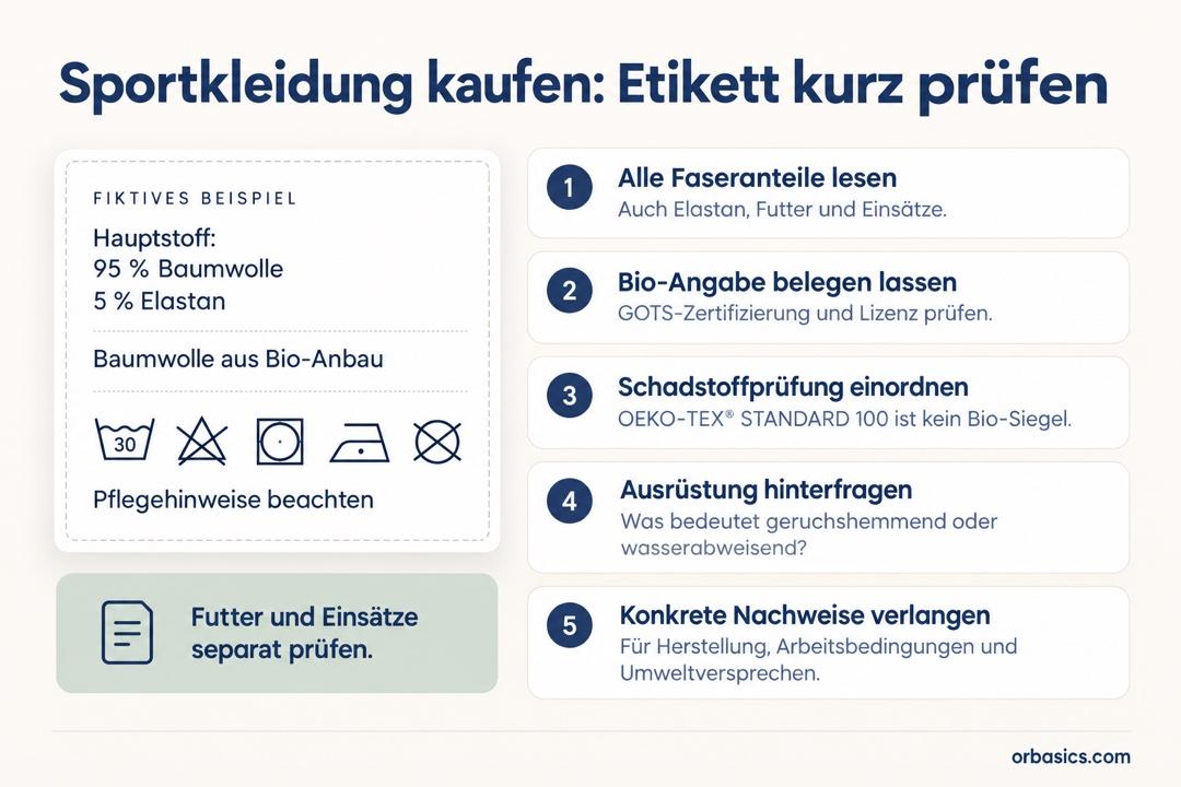 Deutsche Etikett-Checkliste mit Faseranteilen, Bio-Nachweis, Schadstoffprüfung und Angaben zu Herstellung und Ausrüstung.