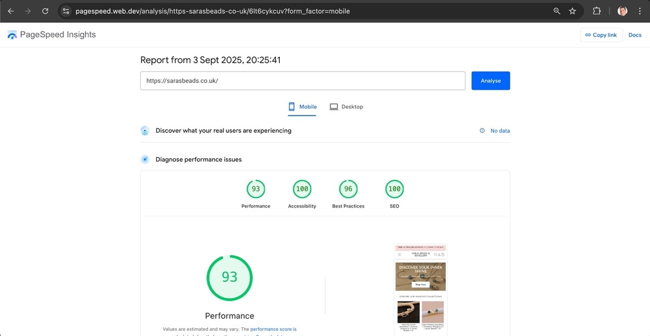 Mobile PageSpeed Insights report for sarasbeads.co.uk on 3 Sept 2025: Performance 93, Accessibility 100, Best Practices 96, SEO 100.