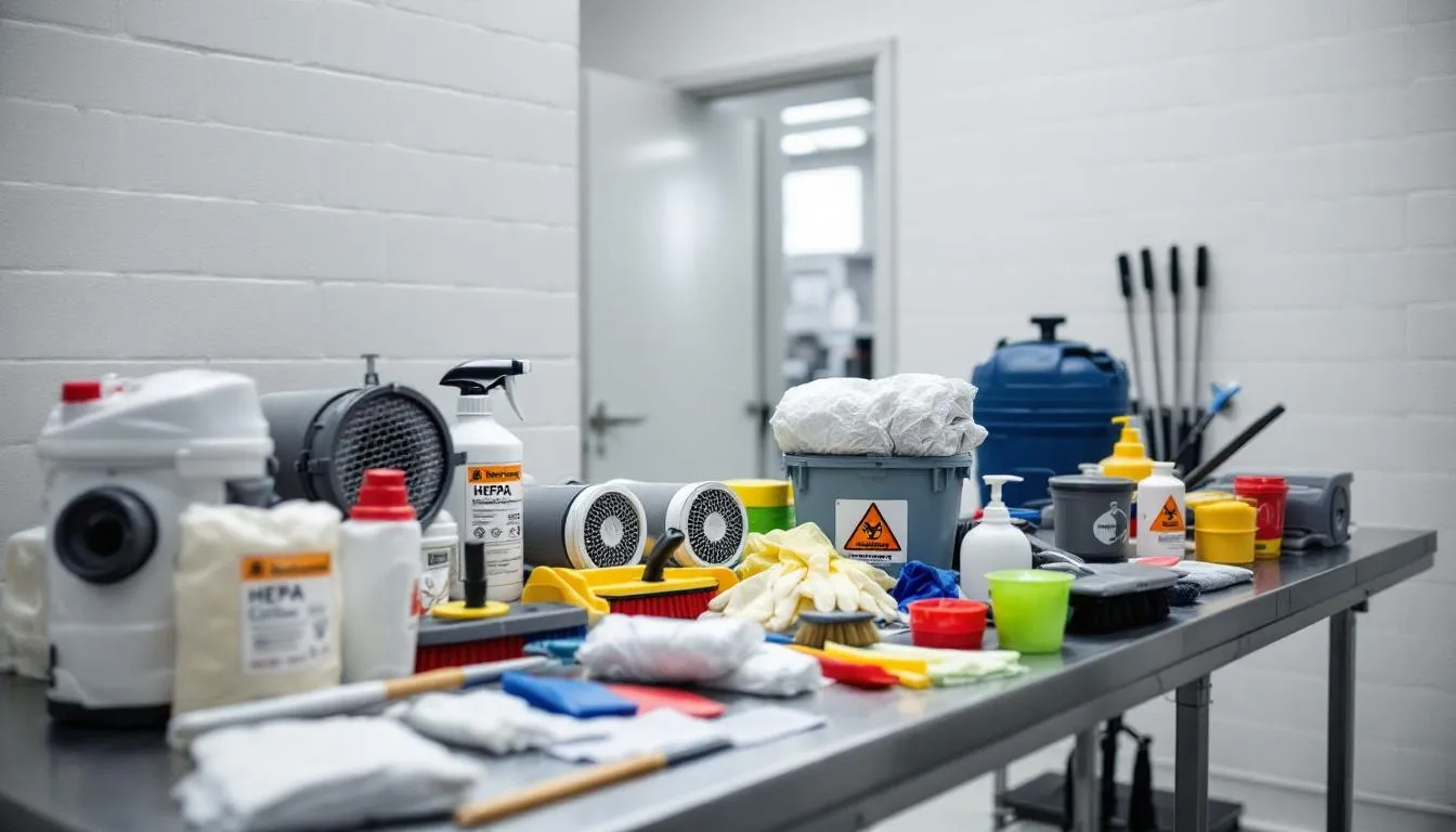 The image displays various industrial crime scene cleanup equipment, including HEPA filters and specialized cleaning tools designed for biohazard remediation. This professional service is essential for safely addressing trauma scenes and ensuring proper decontamination of affected areas in metro Atlanta and surrounding communities.