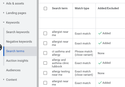 Where to find the search terms report in the Google Ads interface.